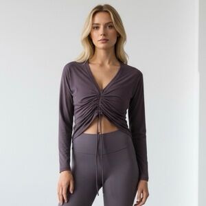 Athleta Crossover Ruched V-Neck Long Sleeve Crop Top Black Size‎ L